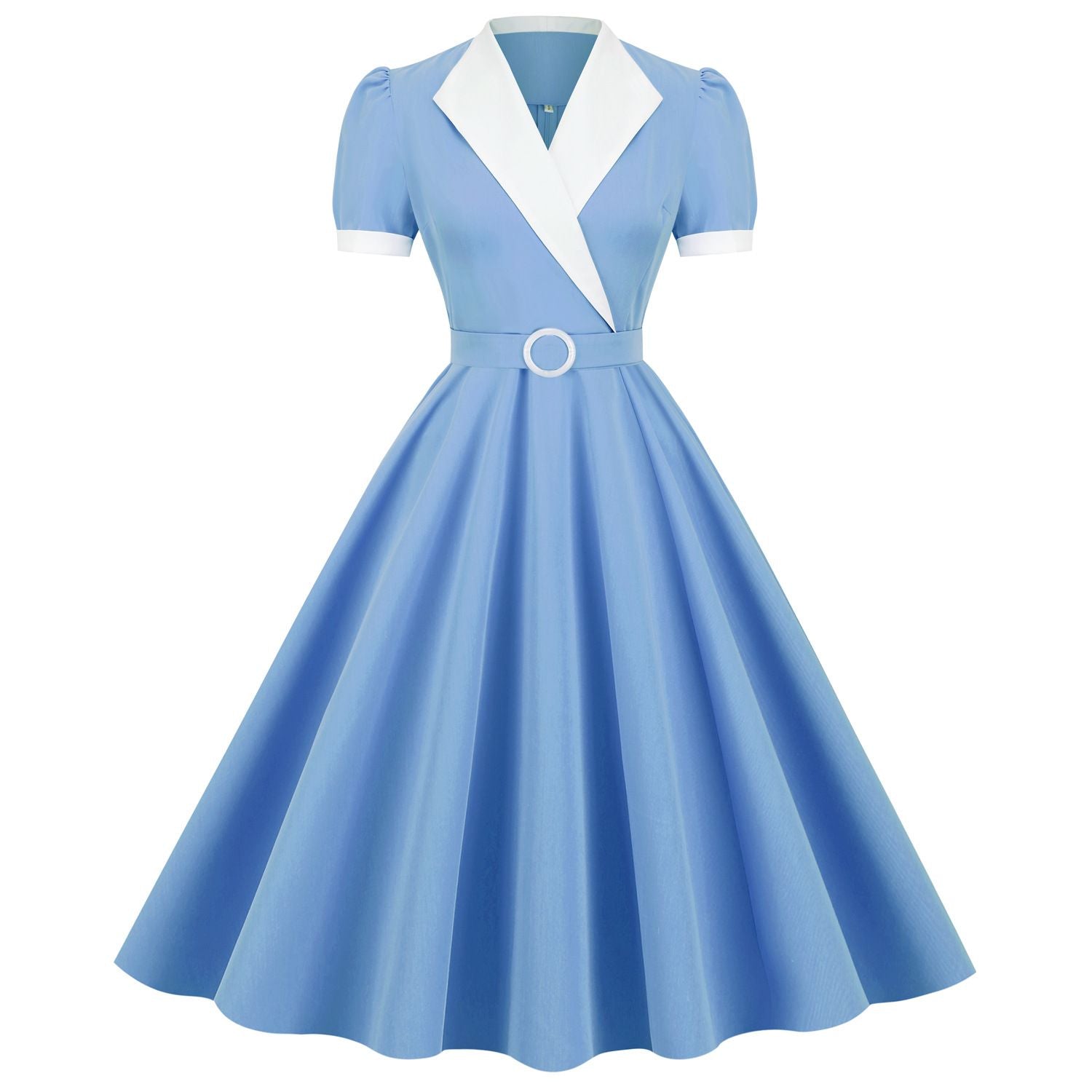Womens Vintage 1950s Retro Party Dress Short Sleeve V-Neck with Belt Blue