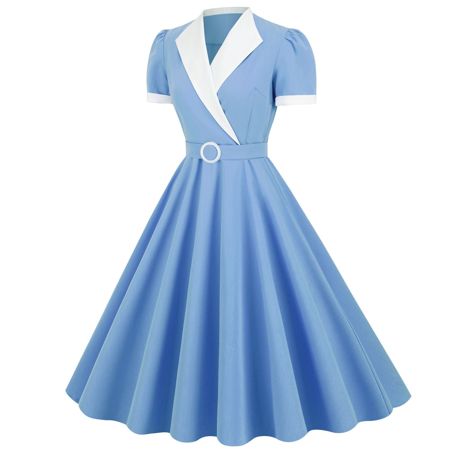 Womens Vintage 1950s Retro Party Dress Short Sleeve V-Neck with Belt Blue