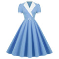 Womens Vintage 1950s Retro Party Dress Short Sleeve V-Neck with Belt Blue