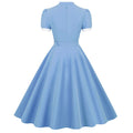Womens Vintage 1950s Retro Party Dress Short Sleeve V-Neck with Belt Blue