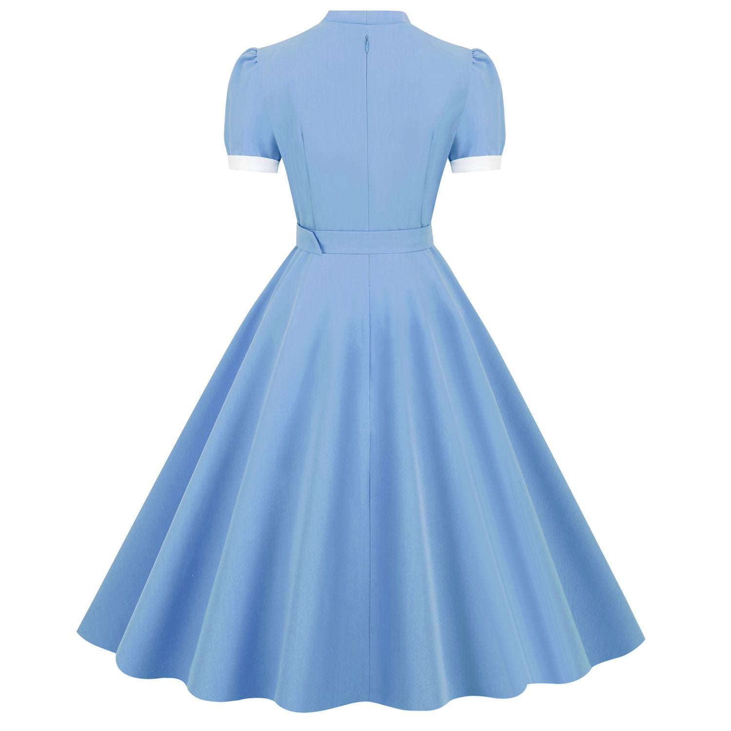 Womens Vintage 1950s Retro Party Dress Short Sleeve V-Neck with Belt Blue