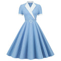 Womens Vintage 1950s Retro Party Dress Short Sleeve V-Neck with Belt Blue Plaid