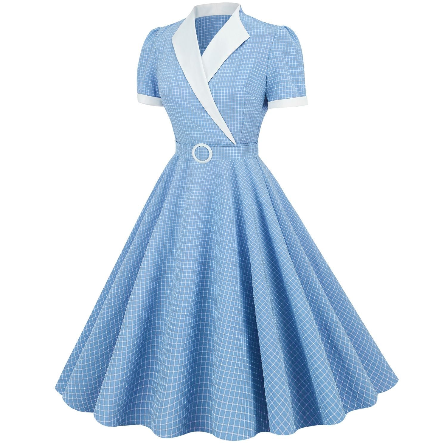 Womens Vintage 1950s Retro Party Dress Short Sleeve V-Neck with Belt Blue Plaid