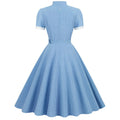 Womens Vintage 1950s Retro Party Dress Short Sleeve V-Neck with Belt Blue Plaid