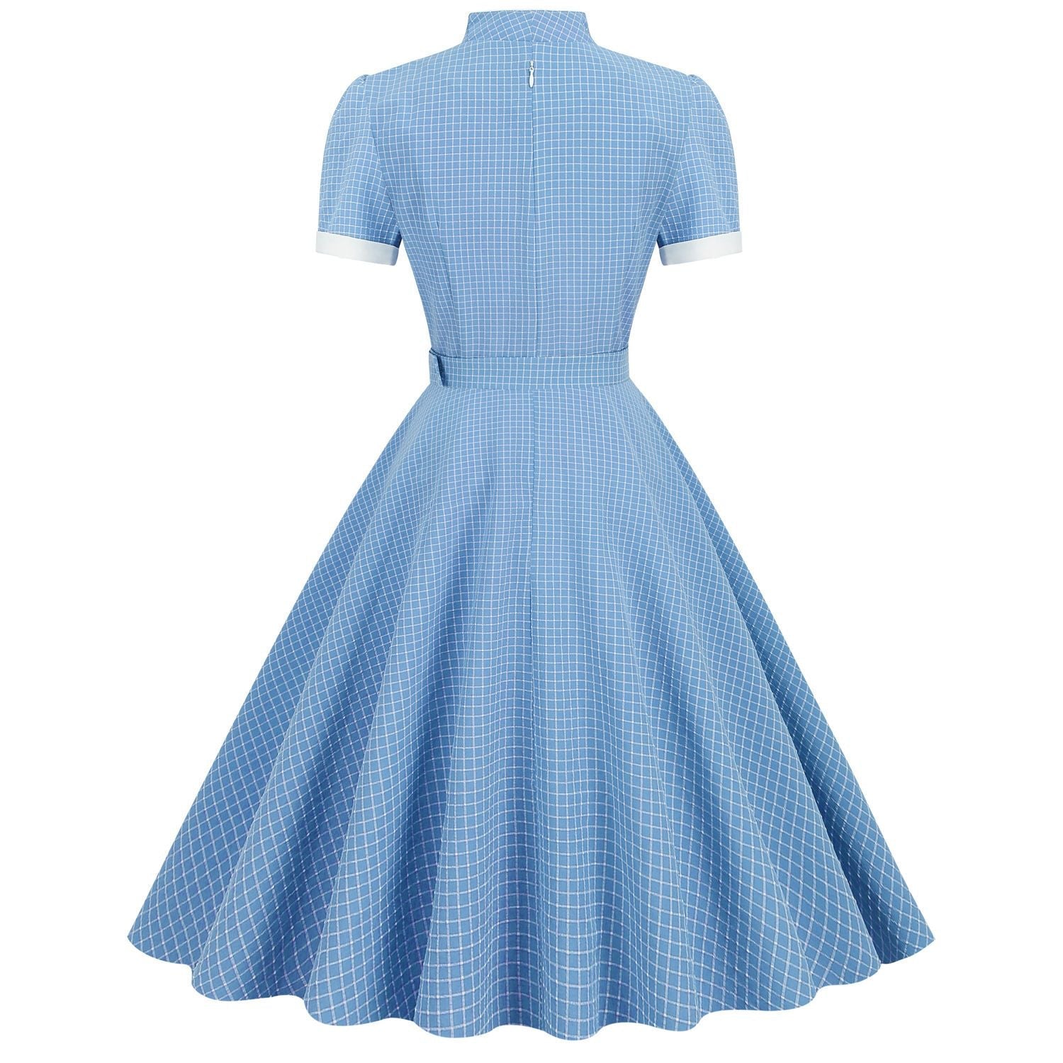 Womens Vintage 1950s Retro Party Dress Short Sleeve V-Neck with Belt Blue Plaid