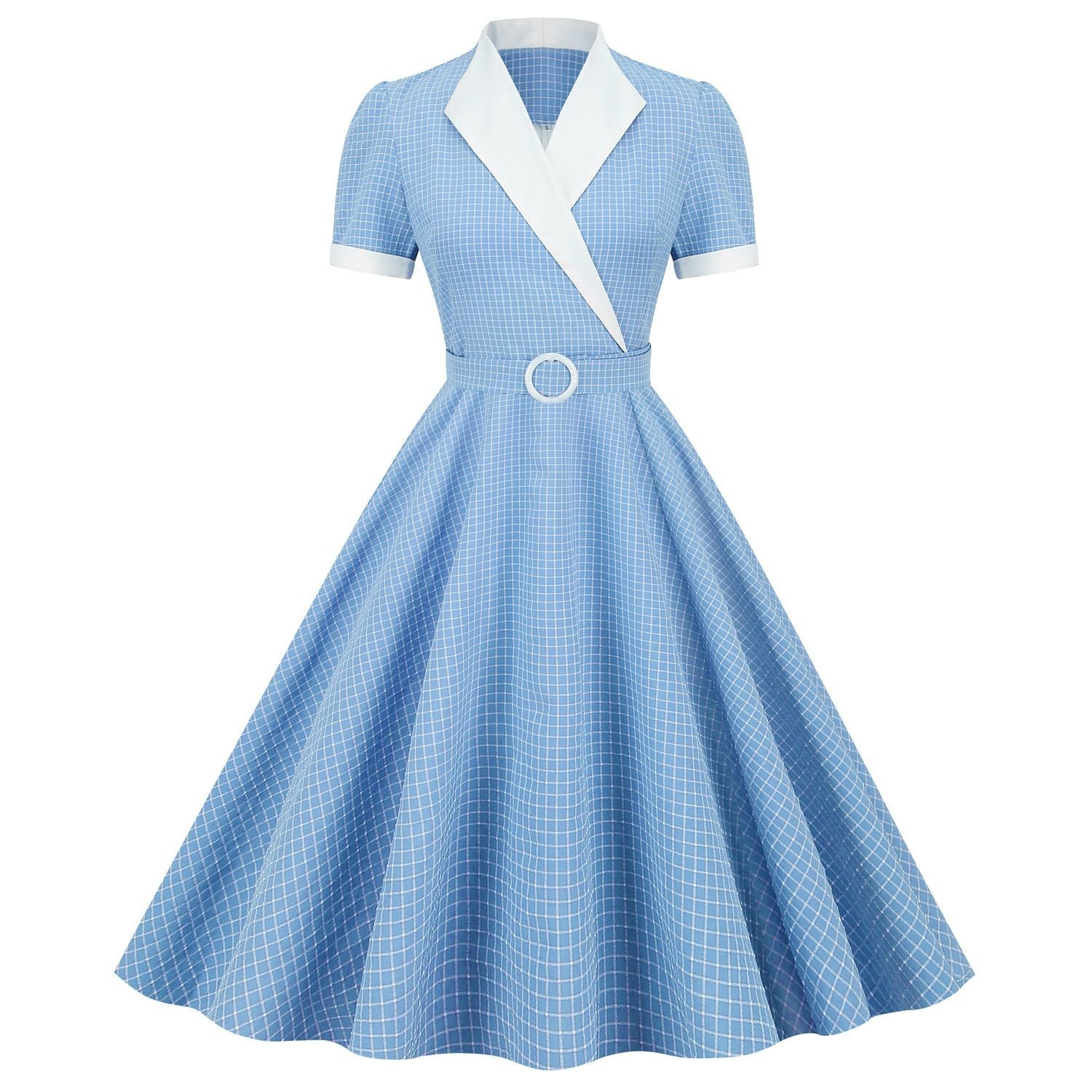 Womens Vintage 1950s Retro Party Dress Short Sleeve V-Neck with Belt Blue Plaid
