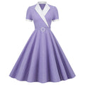 Womens Vintage 1950s Retro Party Dress Short Sleeve V-Neck with Belt Purple