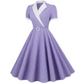 Womens Vintage 1950s Retro Party Dress Short Sleeve V-Neck with Belt Purple
