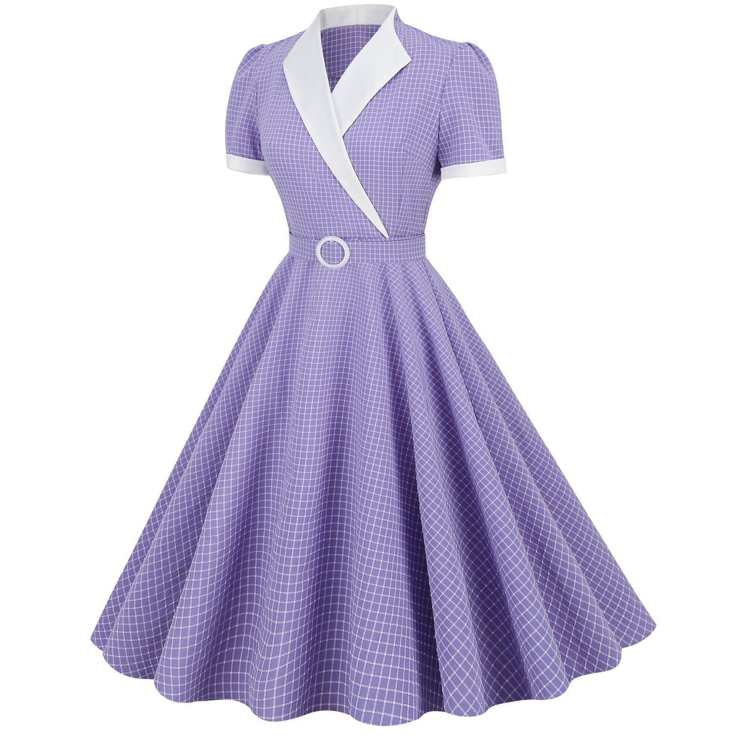 Womens Vintage 1950s Retro Party Dress Short Sleeve V-Neck with Belt Purple