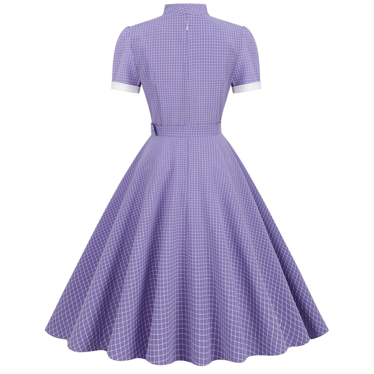 Womens Vintage 1950s Retro Party Dress Short Sleeve V-Neck with Belt Purple