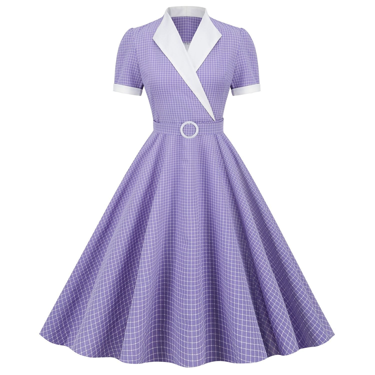Womens Vintage 1950s Retro Party Dress Short Sleeve V-Neck with Belt Purple