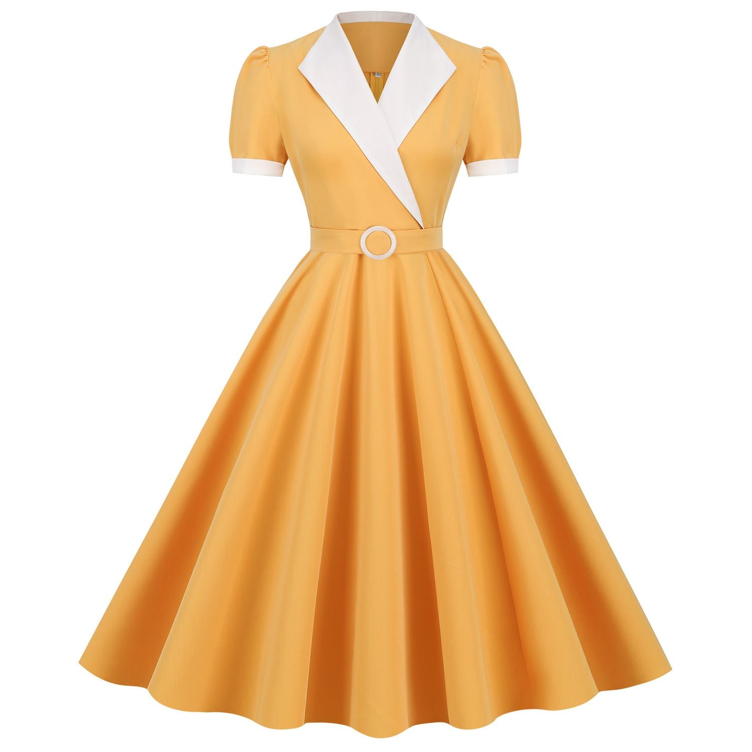 Womens Vintage 1950s Retro Party Dress Short Sleeve V-Neck with Belt Yellow