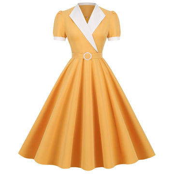 Womens Vintage 1950s Retro Party Dress Short Sleeve V-Neck with Belt Yellow
