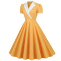 Womens Vintage 1950s Retro Party Dress Short Sleeve V-Neck with Belt Yellow