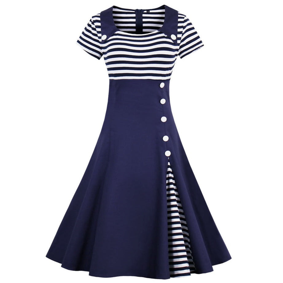 Womens Vintage 50s Navy Floral A-Line Swing Midi Dress Navy