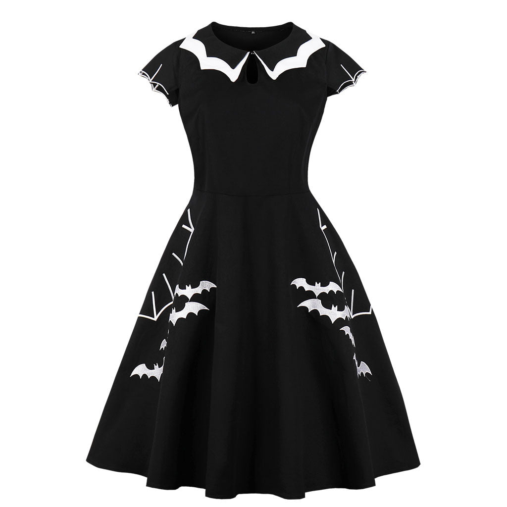 Womens Vintage Bat Print Halloween A-Line Swing Costume Dress Black