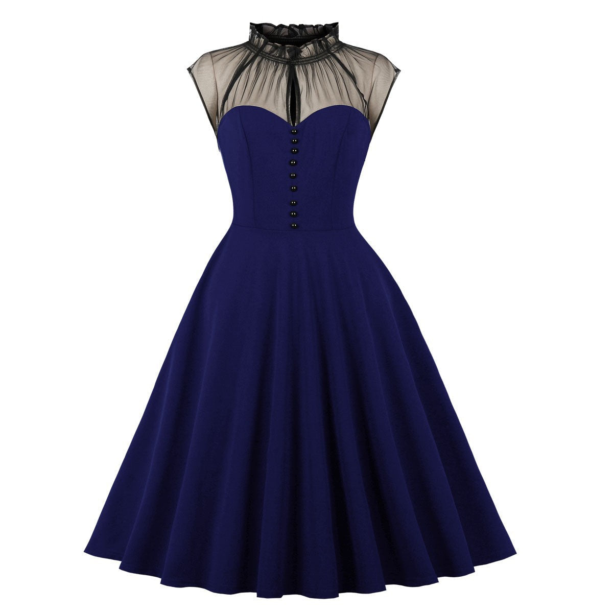 Womens Vintage Floral Flared A-Line Swing Casual Party Dresses Blue