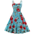 Womens Vintage Flower Print Midi Dress Wedding Guest Cocktail Dresses Blue