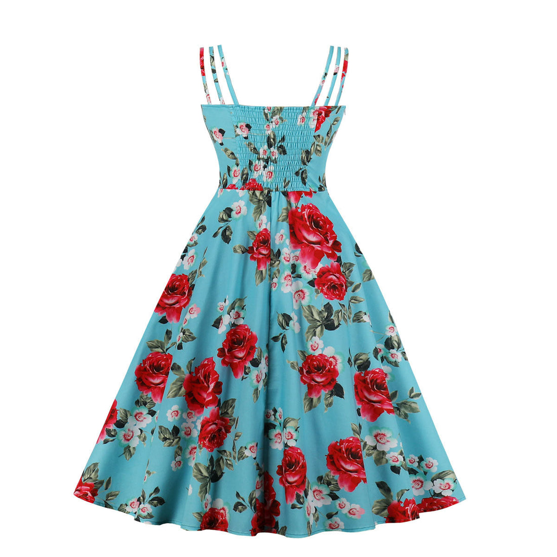 Womens Vintage Flower Print Midi Dress Wedding Guest Cocktail Dresses Blue
