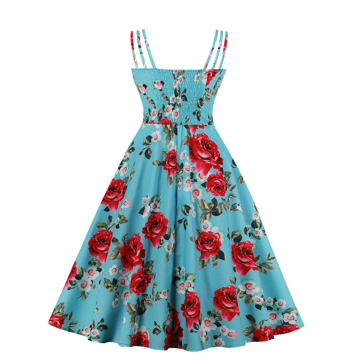 Womens Vintage Flower Print Midi Dress Wedding Guest Cocktail Dresses Blue