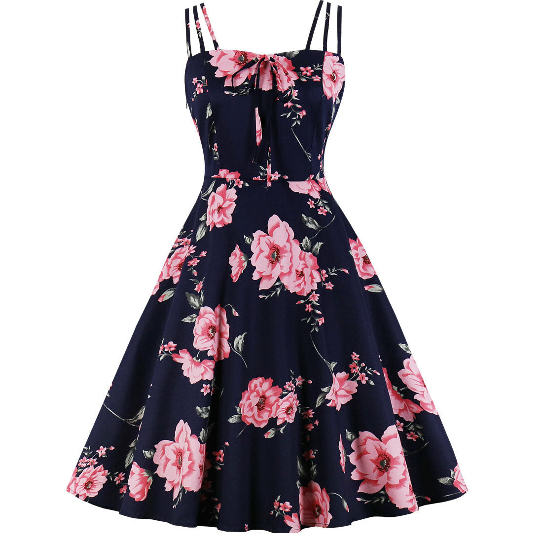 Womens Vintage Flower Print Midi Dress Wedding Guest Cocktail Dresses Navy