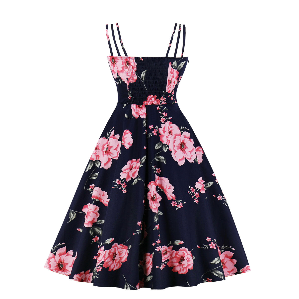Womens Vintage Flower Print Midi Dress Wedding Guest Cocktail Dresses Navy