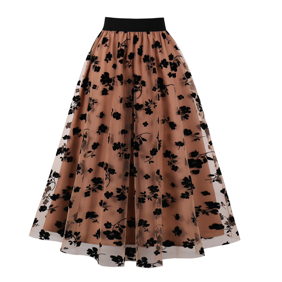 Womens Vintage Mesh Skirt Elastic Waist Gauze Puffy Long Swing Skirt Coffee