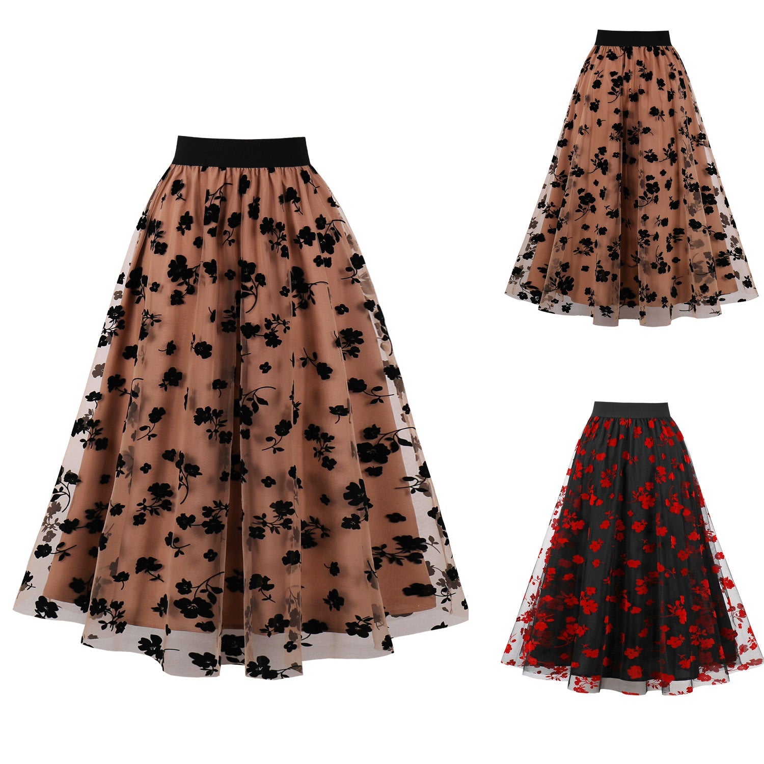 Womens Vintage Mesh Skirt Elastic Waist Gauze Puffy Long Swing Skirt Coffee