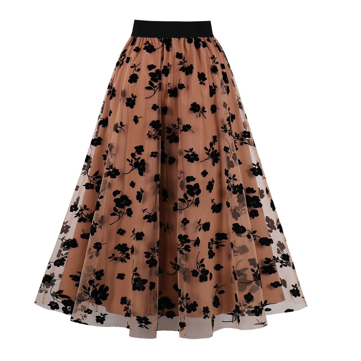 Womens Vintage Mesh Skirt Elastic Waist Gauze Puffy Long Swing Skirt Coffee