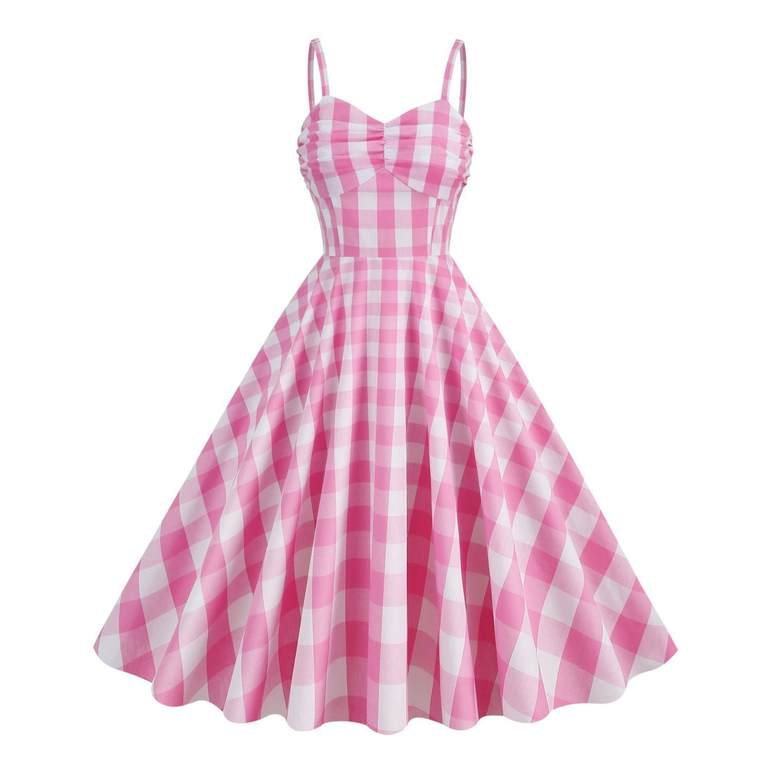 Womens Vintage Pink Plaid Dress Spaghetti Strap A-line Swing Party Dress Pink
