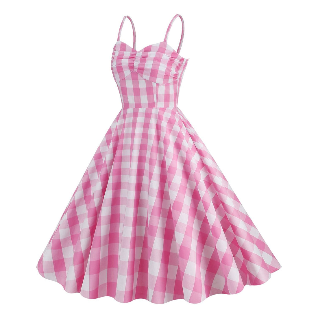 Womens Vintage Pink Plaid Dress Spaghetti Strap A-line Swing Party Dress Pink