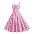Womens Vintage Pink Plaid Dress Spaghetti Strap A-line Swing Party Dress Pink