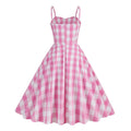 Womens Vintage Pink Plaid Dress Spaghetti Strap A-line Swing Party Dress Pink
