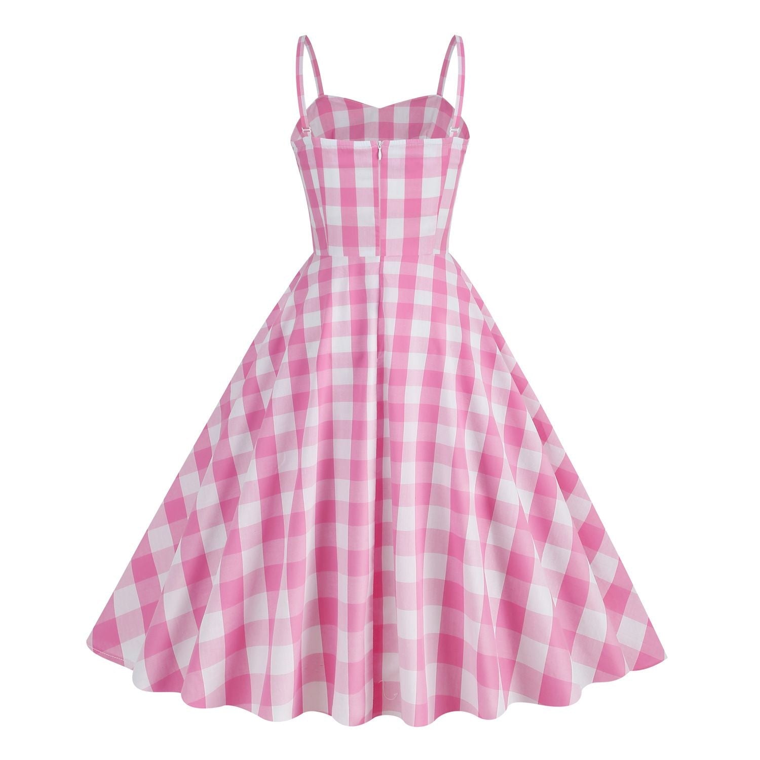 Womens Vintage Pink Plaid Dress Spaghetti Strap A-line Swing Party Dress Pink