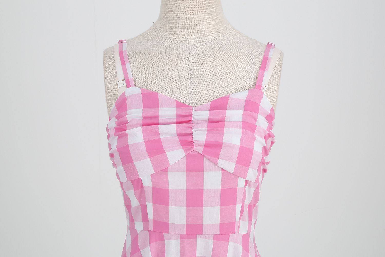 Womens Vintage Pink Plaid Dress Spaghetti Strap A-line Swing Party Dress Pink
