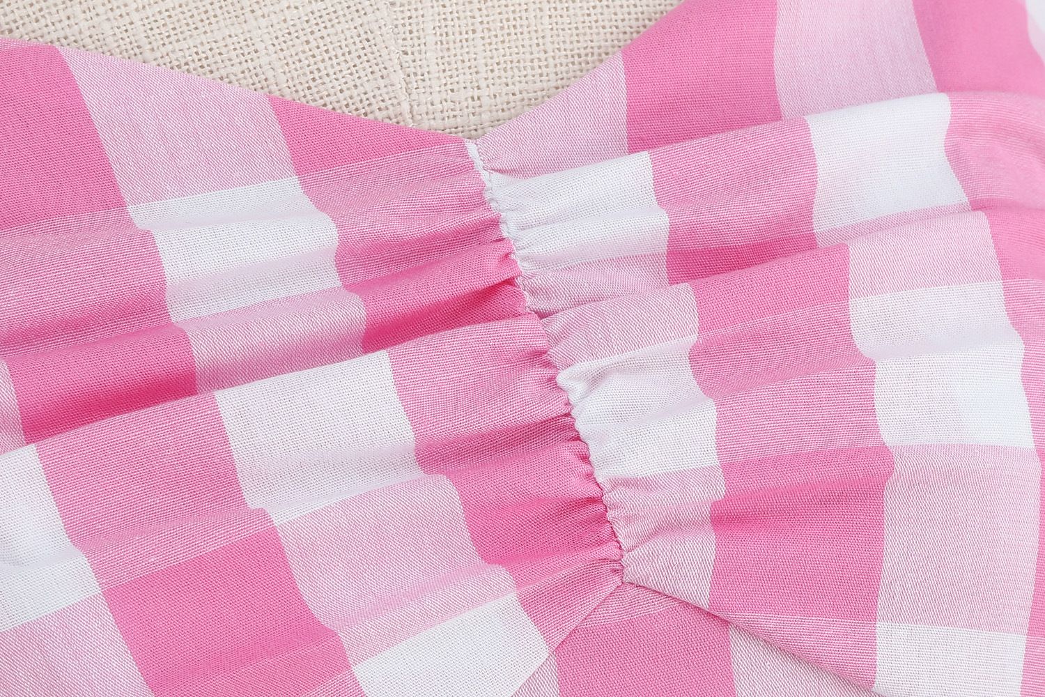 Womens Vintage Pink Plaid Dress Spaghetti Strap A-line Swing Party Dress Pink