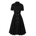 Womens Vintage Short Sleeves 1950s A-Line OL Button Dress Black