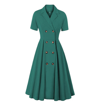 Womens Vintage Short Sleeves 1950s A-Line OL Button Dress Green