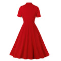 Womens Vintage Short Sleeves 1950s A-Line OL Button Dress Red